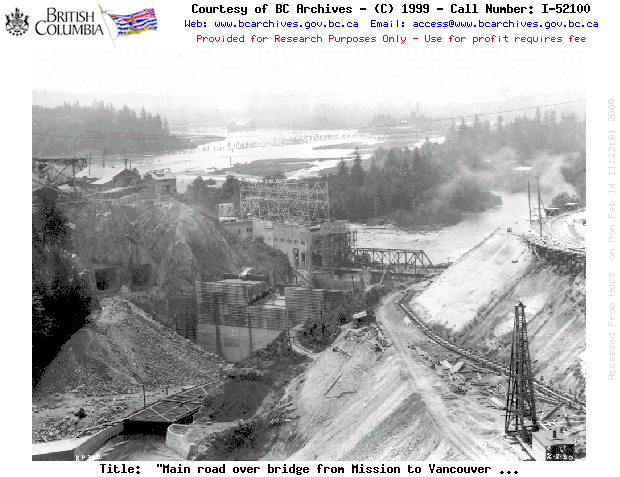 "Main road over bridge from Mission to Vancouver passes to left of saw mill in far distance"; Ruskin dam and power plant construction; photograph no. R.P. 306.